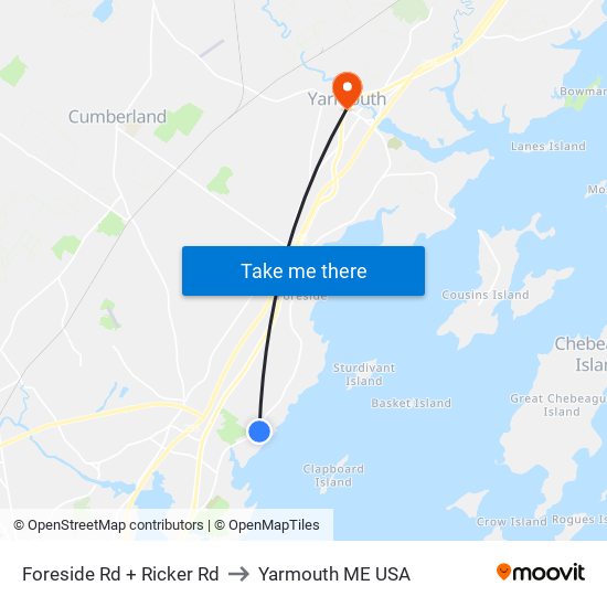 Foreside Rd + Ricker Rd to Yarmouth ME USA map