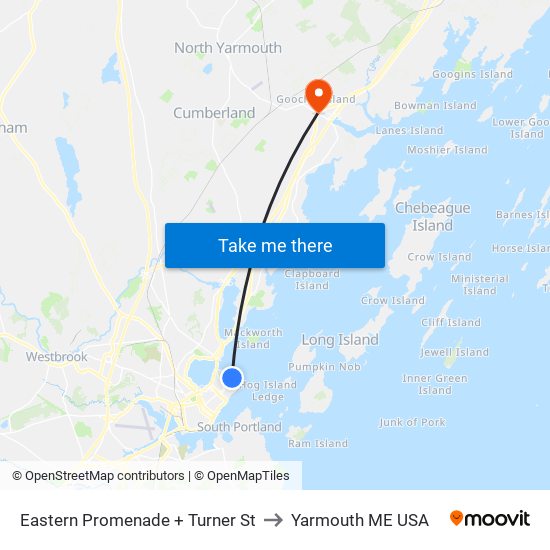 Eastern Promenade + Turner St to Yarmouth ME USA map