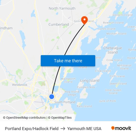 Portland Expo/Hadlock Field to Yarmouth ME USA map