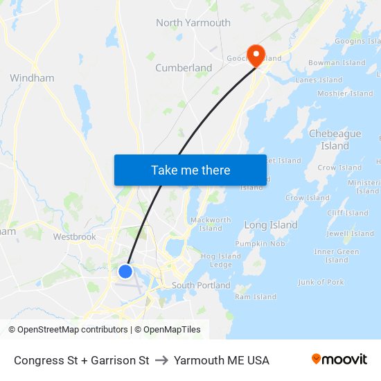 Congress St + Garrison St to Yarmouth ME USA map