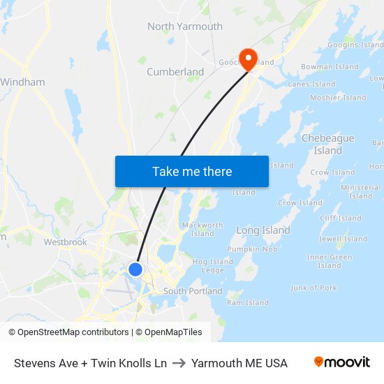 Stevens Ave + Twin Knolls Ln to Yarmouth ME USA map