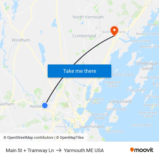 Main St + Tramway Ln to Yarmouth ME USA map