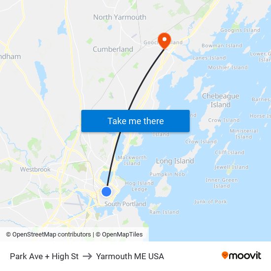 Park Ave + High St to Yarmouth ME USA map