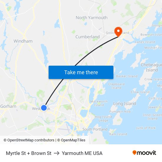 Myrtle St + Brown St to Yarmouth ME USA map