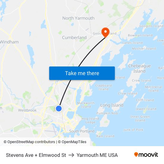 Stevens Ave + Elmwood St to Yarmouth ME USA map