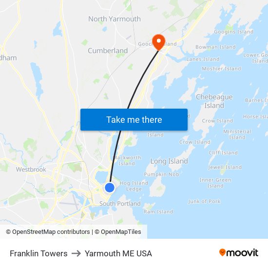 Franklin Towers to Yarmouth ME USA map