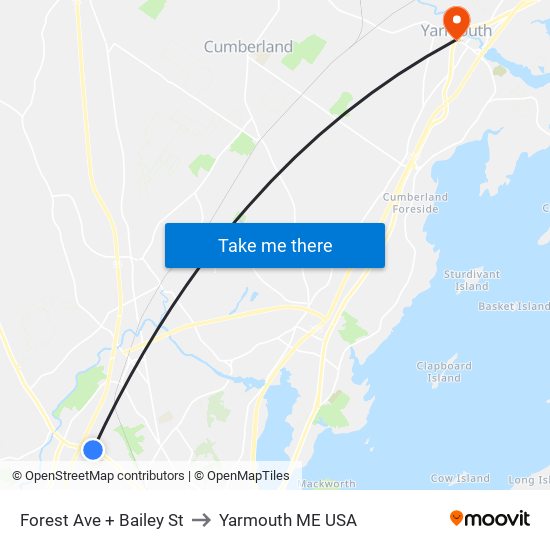 Forest Ave + Bailey St to Yarmouth ME USA map