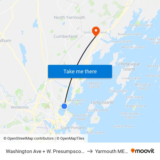 Washington Ave + W. Presumpscot St West to Yarmouth ME USA map