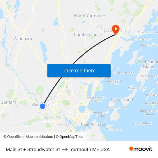 Main St + Stroudwater St to Yarmouth ME USA map