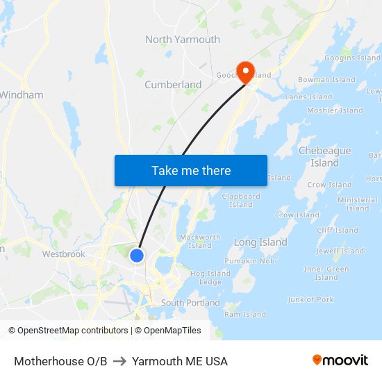 Motherhouse O/B to Yarmouth ME USA map