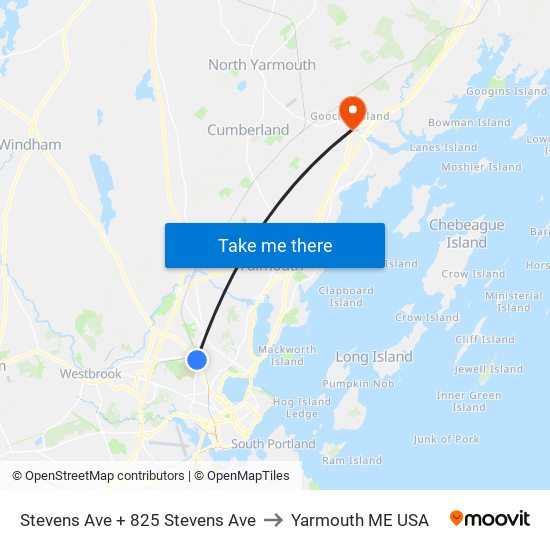 Stevens Ave + 825 Stevens Ave to Yarmouth ME USA map