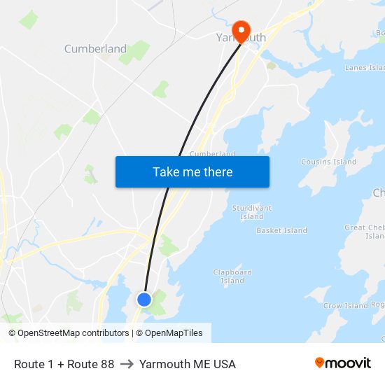 Route 1 + Route 88 to Yarmouth ME USA map