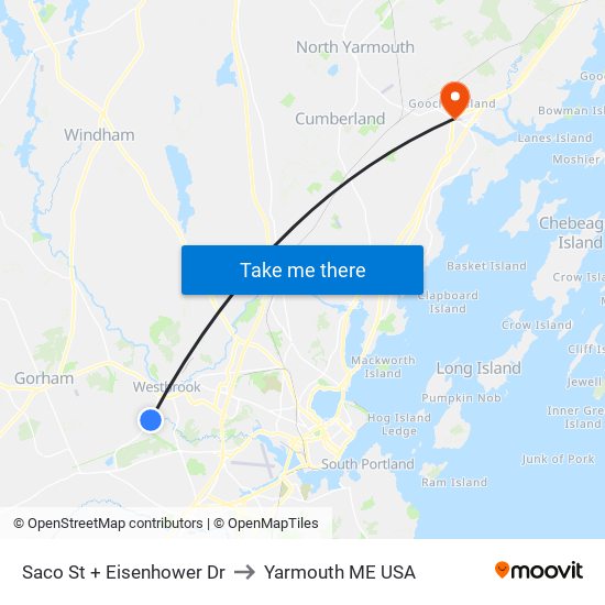 Saco St + Eisenhower Dr to Yarmouth ME USA map