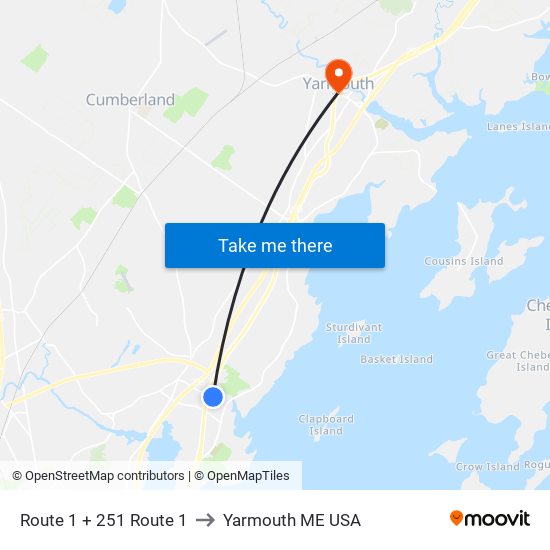 Route 1 + 251 Route 1 to Yarmouth ME USA map