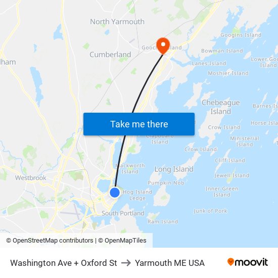 Washington Ave + Oxford St to Yarmouth ME USA map