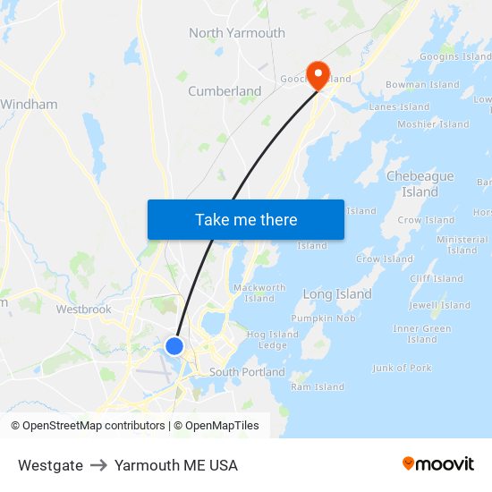 Westgate to Yarmouth ME USA map