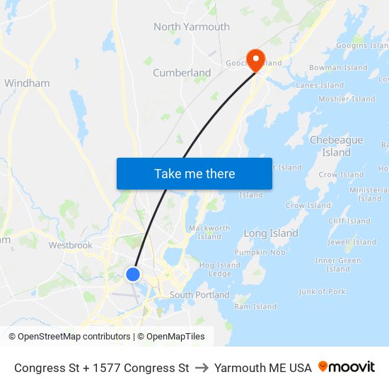 Congress St + 1577 Congress St to Yarmouth ME USA map