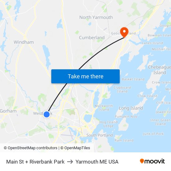 Main St + Riverbank Park to Yarmouth ME USA map