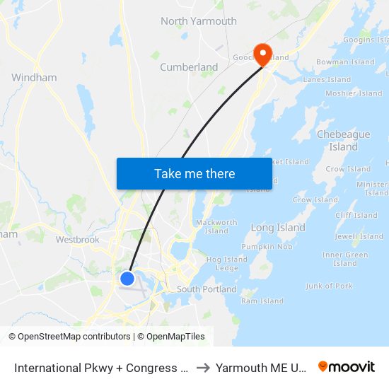 International Pkwy + Congress St to Yarmouth ME USA map