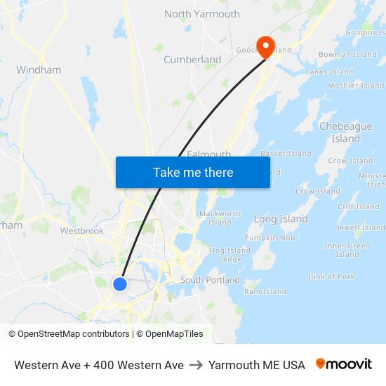Western Ave + 400 Western Ave to Yarmouth ME USA map