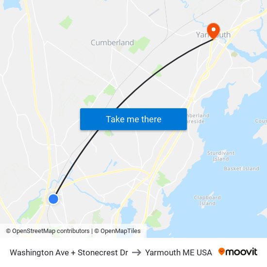Washington Ave + Stonecrest Dr to Yarmouth ME USA map