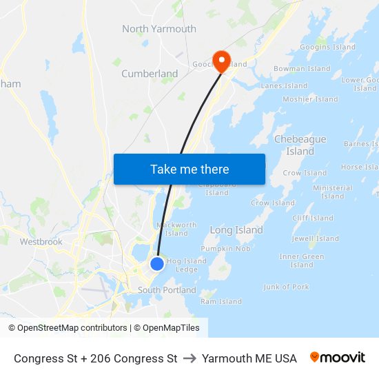 Congress St + 206 Congress St to Yarmouth ME USA map
