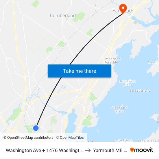 Washington Ave + 1476 Washington Ave to Yarmouth ME USA map