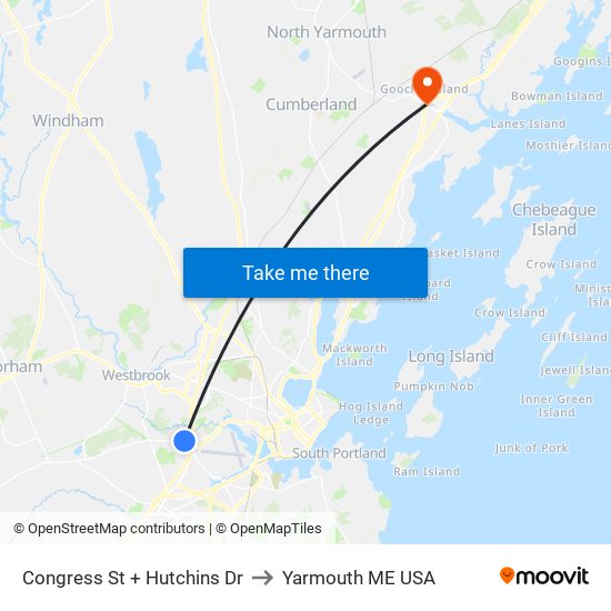 Congress St + Hutchins Dr to Yarmouth ME USA map