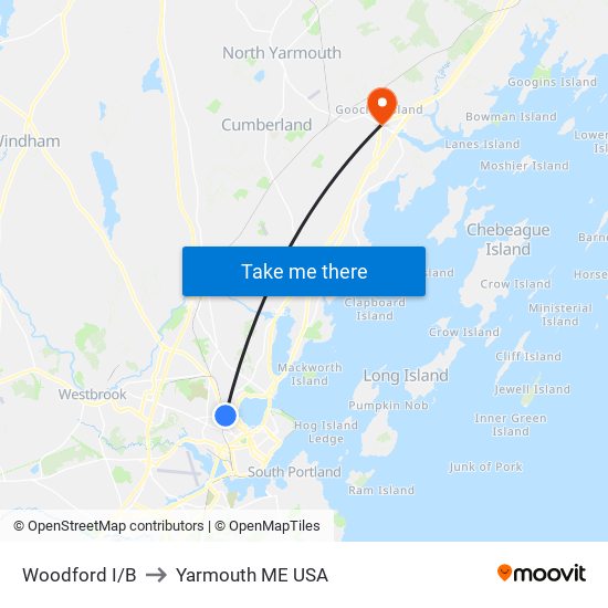 Woodford I/B to Yarmouth ME USA map