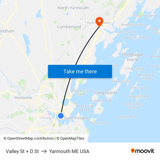Valley St + D St to Yarmouth ME USA map