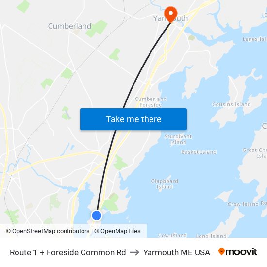 Route 1 + Foreside Common Rd to Yarmouth ME USA map