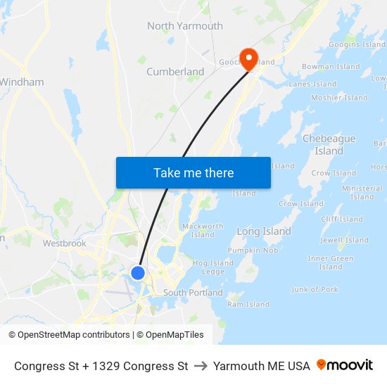 Congress St + 1329 Congress St to Yarmouth ME USA map