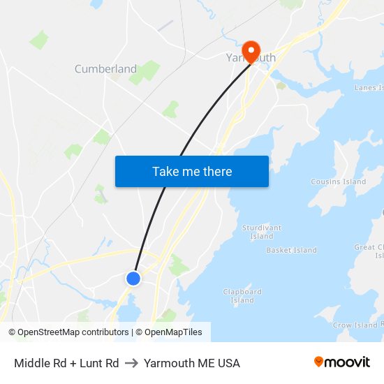 Middle Rd + Lunt Rd to Yarmouth ME USA map