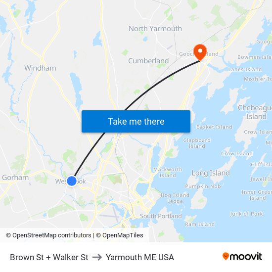 Brown St + Walker St to Yarmouth ME USA map