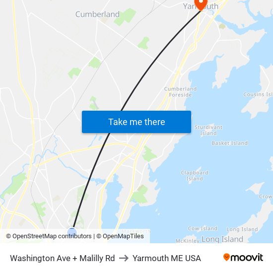 Washington Ave + Malilly Rd to Yarmouth ME USA map