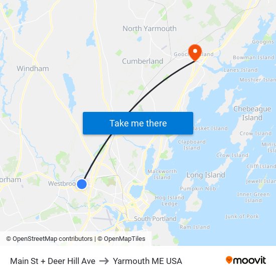 Main St + Deer Hill Ave to Yarmouth ME USA map