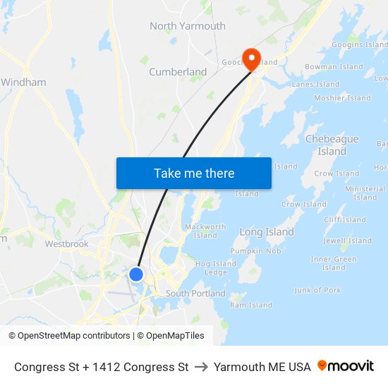 Congress St + 1412 Congress St to Yarmouth ME USA map