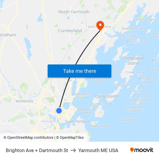 Brighton Ave + Dartmouth St to Yarmouth ME USA map