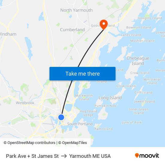 Park Ave + St James St to Yarmouth ME USA map