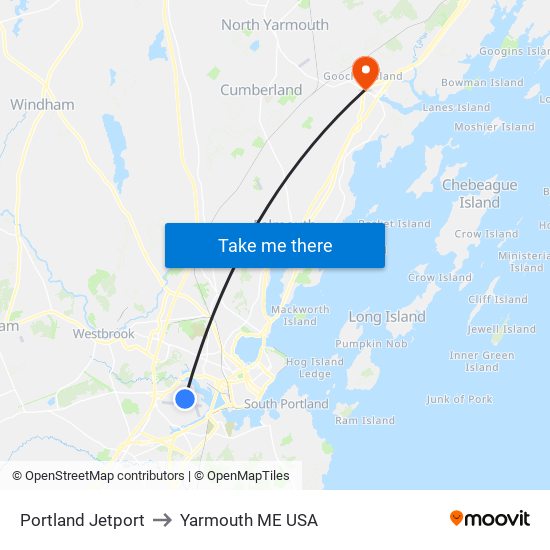 Portland Jetport to Yarmouth ME USA map