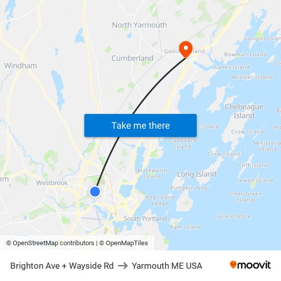 Brighton Ave + Wayside Rd to Yarmouth ME USA map