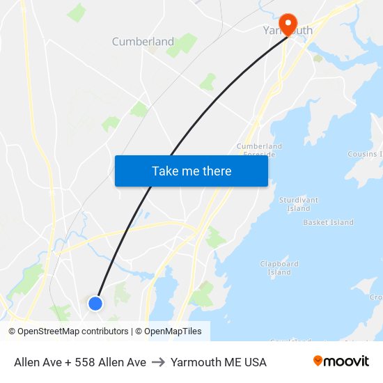 Allen Ave + 558 Allen Ave to Yarmouth ME USA map