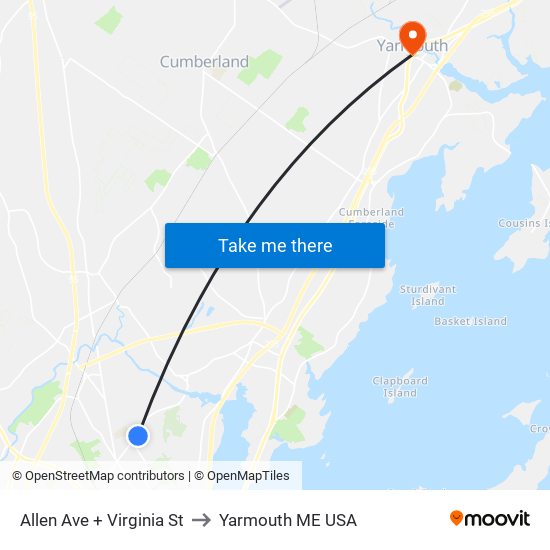 Allen Ave + Virginia St to Yarmouth ME USA map