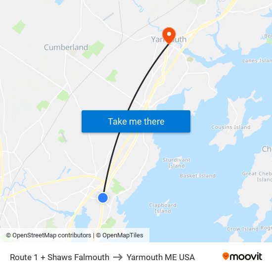 Route 1 + Shaws Falmouth to Yarmouth ME USA map