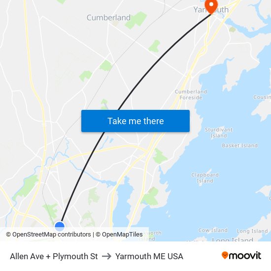 Allen Ave + Plymouth St to Yarmouth ME USA map
