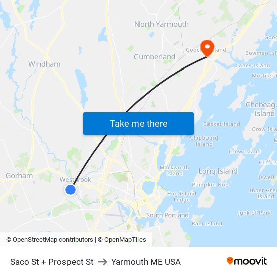 Saco St + Prospect St to Yarmouth ME USA map