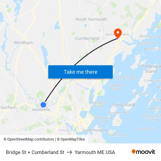 Bridge St + Cumberland St to Yarmouth ME USA map