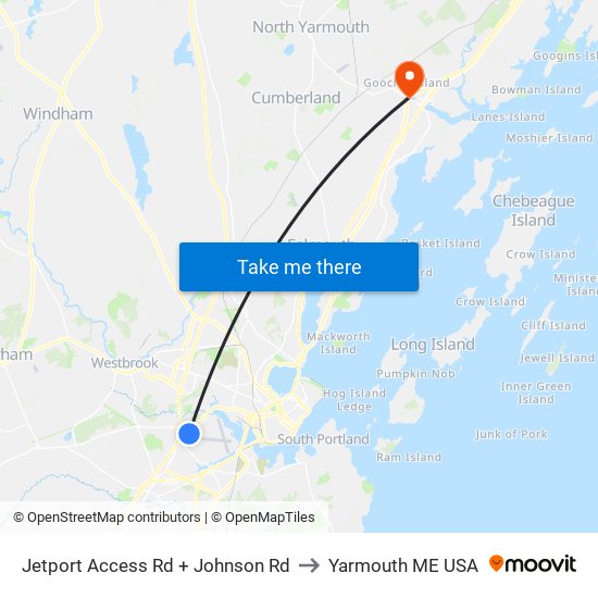 Jetport Access Rd + Johnson Rd to Yarmouth ME USA map