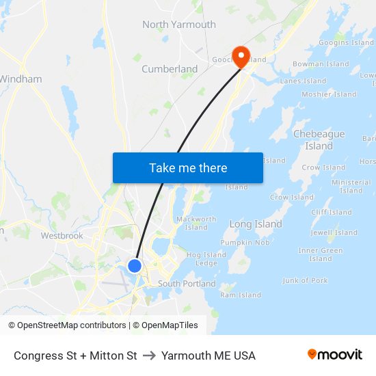 Congress St + Mitton St to Yarmouth ME USA map