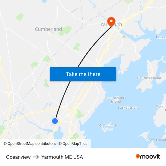 Oceanview to Yarmouth ME USA map